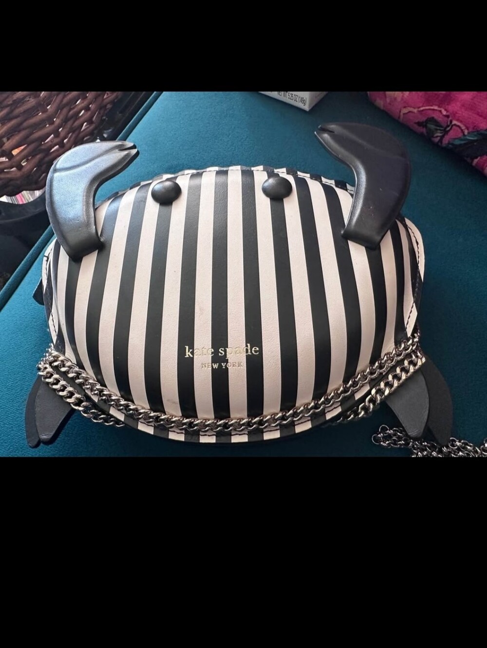 Kate Spade Crab Crossbody Purse, black and white striped, EUC - Picture 2 of 8